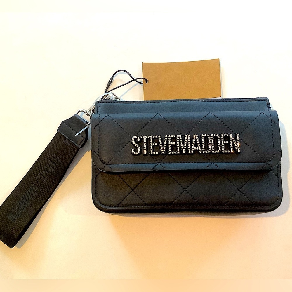 Steve Madden Black Quilted Rhinestone Logo Wristlet Bag New